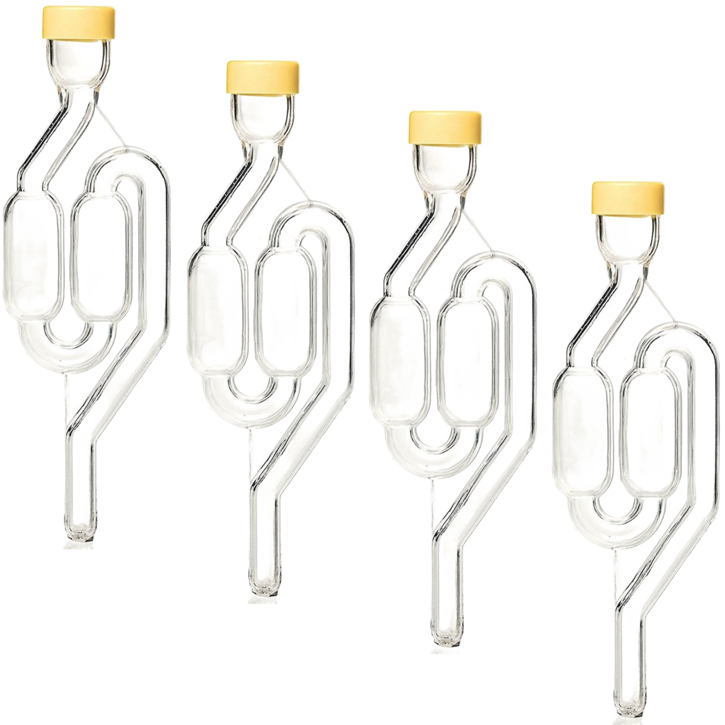 Set of four clear glass S-shaped airlocks with yellow stoppers, designed for slower fermentation in Kitchen & Food, Food Preservation, and Fermenting and Pickling collections.
