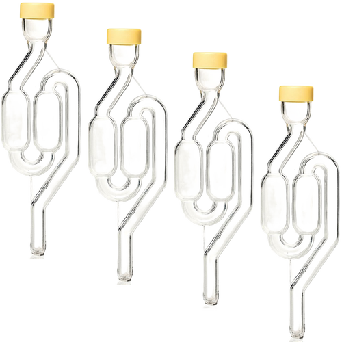Set of four clear glass S-shaped airlocks with yellow stoppers, designed for slower fermentation in Kitchen & Food, Food Preservation, and Fermenting and Pickling collections.