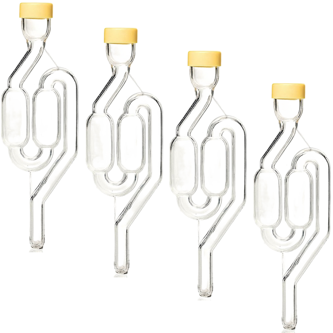 Set of four clear glass S-shaped airlocks with yellow stoppers, designed for slower fermentation in Kitchen & Food, Food Preservation, and Fermenting and Pickling collections.
