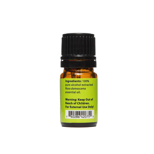 Small amber glass bottle with black screw cap containing 100% pure alcohol extracted Rosa damascena essential oil, handcrafted and made in USA, part of Health & Wellness and Best Sellers collections.
