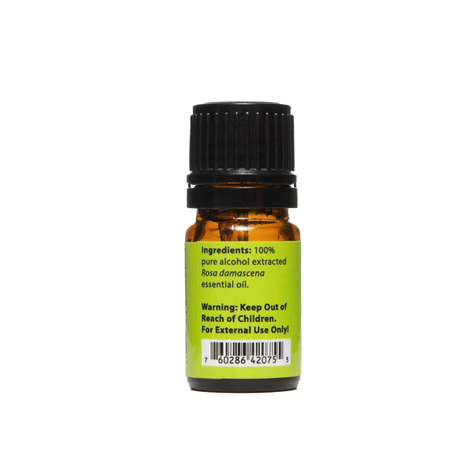 Small amber glass bottle with black screw cap containing 100% pure alcohol extracted Rosa damascena essential oil, handcrafted and made in USA, part of Health & Wellness and Best Sellers collections.