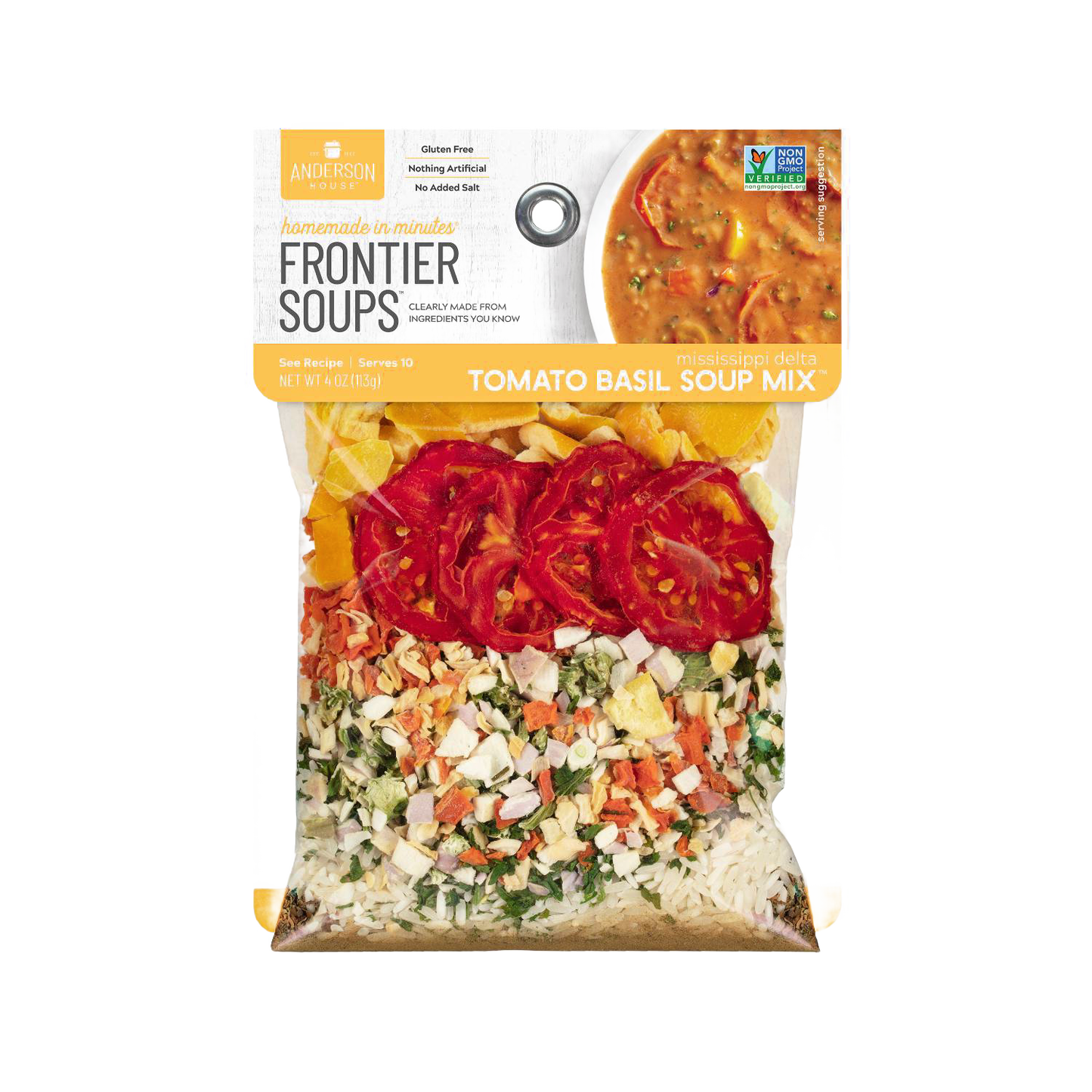 Clear bag of handcrafted gluten-free tomato basil soup mix featuring natural dried tomatoes, herbs, vegetables, and rice; included in Kitchen & Food, Pantry, Soups, Best Sellers, and Promo Eligible collections.