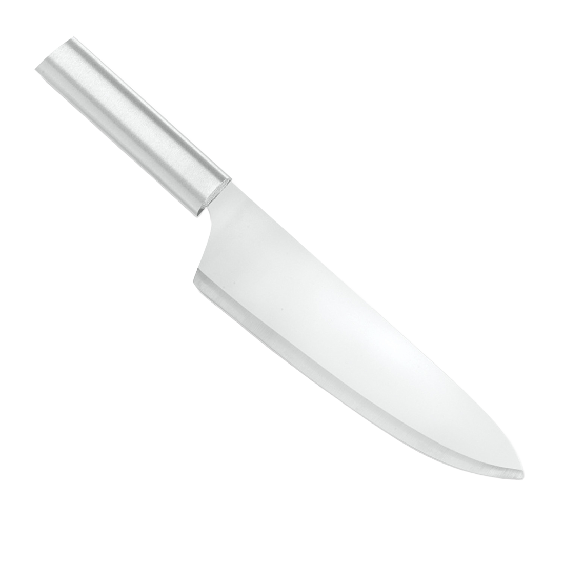 Sleek French chef’s knife with an 8-1/2-inch sharp stainless steel blade and smooth metal handle, handcrafted in USA, perfect for precision food prep in kitchen, farm, and knife collections.