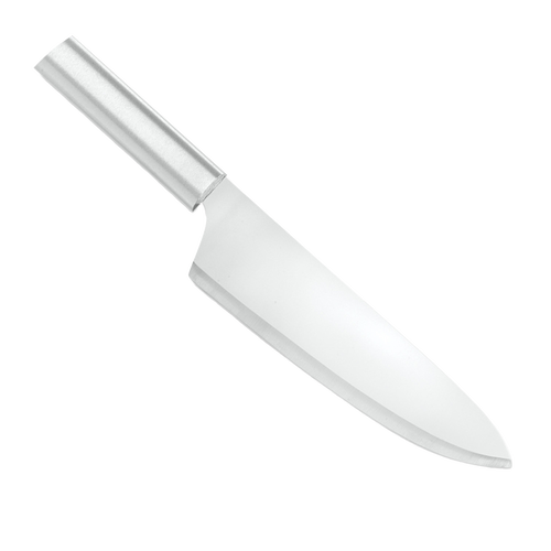 Sleek French chef’s knife with an 8-1/2-inch sharp stainless steel blade and smooth metal handle, handcrafted in USA, perfect for precision food prep in kitchen, farm, and knife collections.