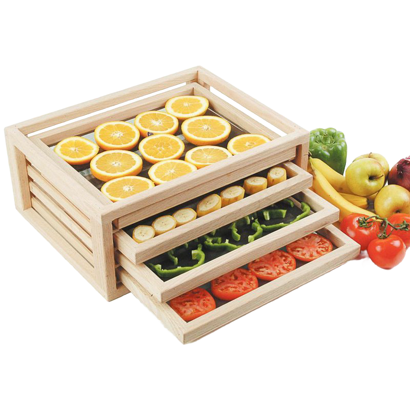 Handcrafted solid oak food drying rack with three fiberglass mesh trays holding sliced oranges, bananas, green peppers, and tomatoes, ideal for kitchen food preservation and drying, made in USA.
