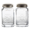 Pair of clear glass salt and pepper shakers with stainless steel lids, each holding 8 oz, featuring embossed labels and suitable for Kitchen & Food, Dinnerware, Best Sellers, and Promo Eligible collections.