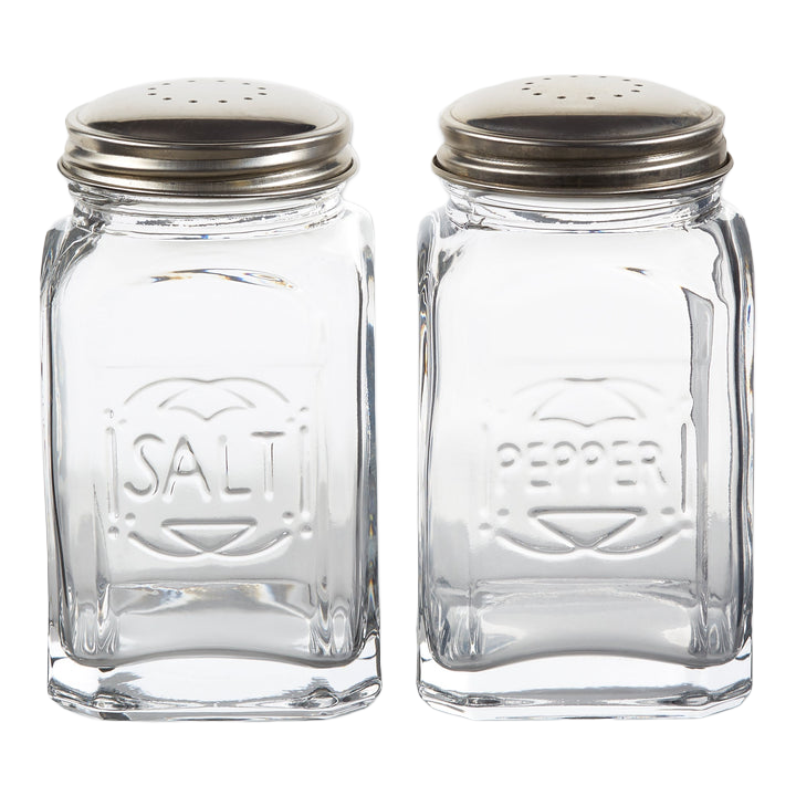 Pair of clear glass salt and pepper shakers with stainless steel lids, each holding 8 oz, featuring embossed labels and suitable for Kitchen & Food, Dinnerware, Best Sellers, and Promo Eligible collections.