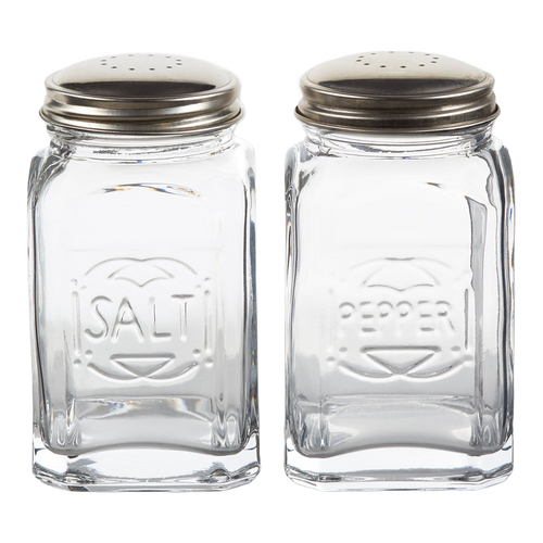 Pair of clear glass salt and pepper shakers with stainless steel lids, each holding 8 oz, featuring embossed labels and suitable for Kitchen & Food, Dinnerware, Best Sellers, and Promo Eligible collections.