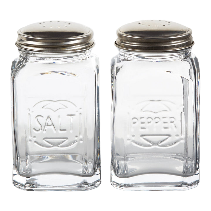 Pair of clear glass salt and pepper shakers with stainless steel lids, each holding 8 oz, featuring embossed labels and suitable for Kitchen & Food, Dinnerware, Best Sellers, and Promo Eligible collections.