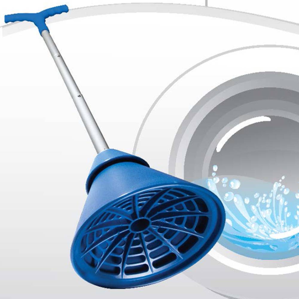 Blue ergonomic-handled collapsible hand washer plunger with a plastic strainer head, designed for portable laundry use in Home & Decor, Laundry Supplies, and Washers and Wash Day Accessories collections.