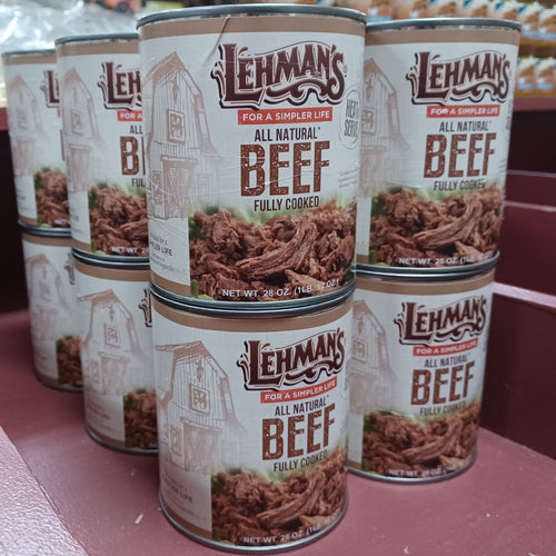 Stack of rustic-style cans filled with handcrafted fully cooked all natural shredded beef, ideal for Farm, Garden & Tool, Kitchen & Food, Emergency Supplies, Food, Meats, Best Sellers, and Promo Eligible collections.