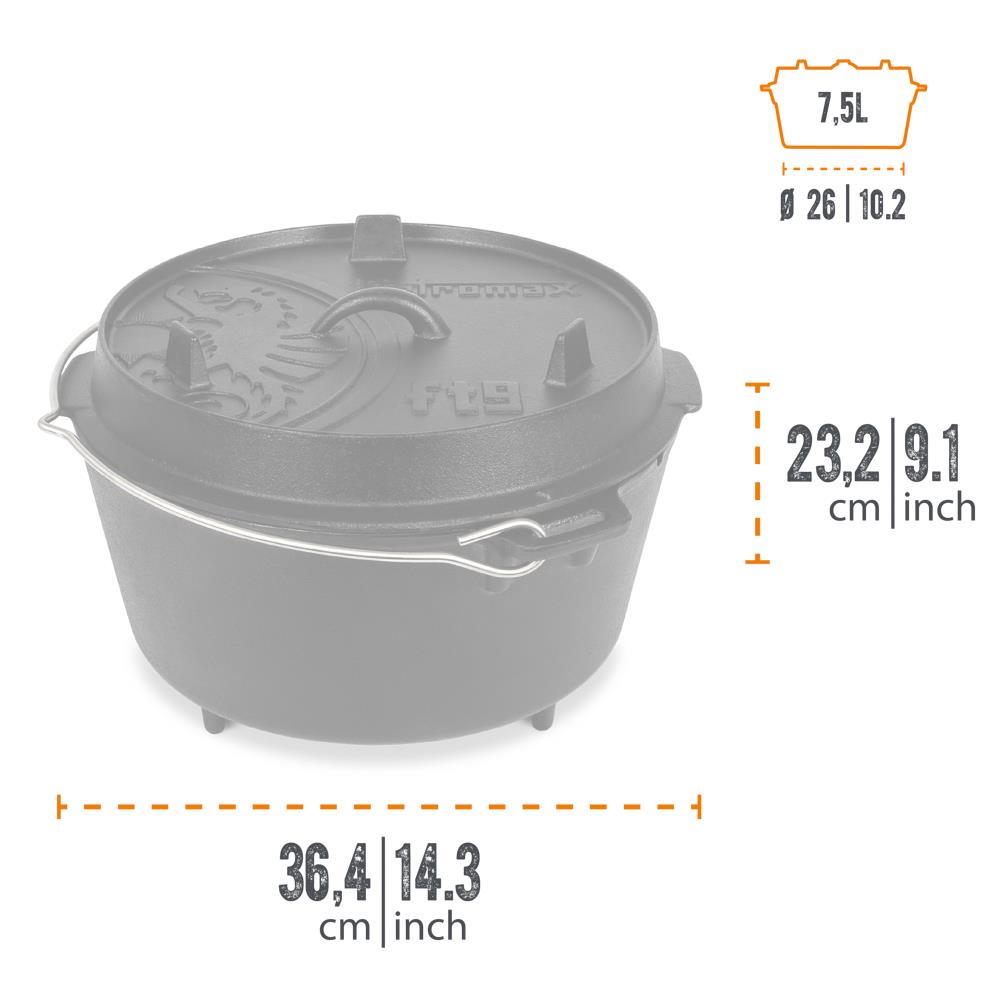 Black cast iron Dutch oven with legs and a fitted embossed lid featuring a sturdy wire bail handle, handcrafted for versatile cooking in Kitchen & Food, Cookware, Cast Iron, Best Sellers collections.