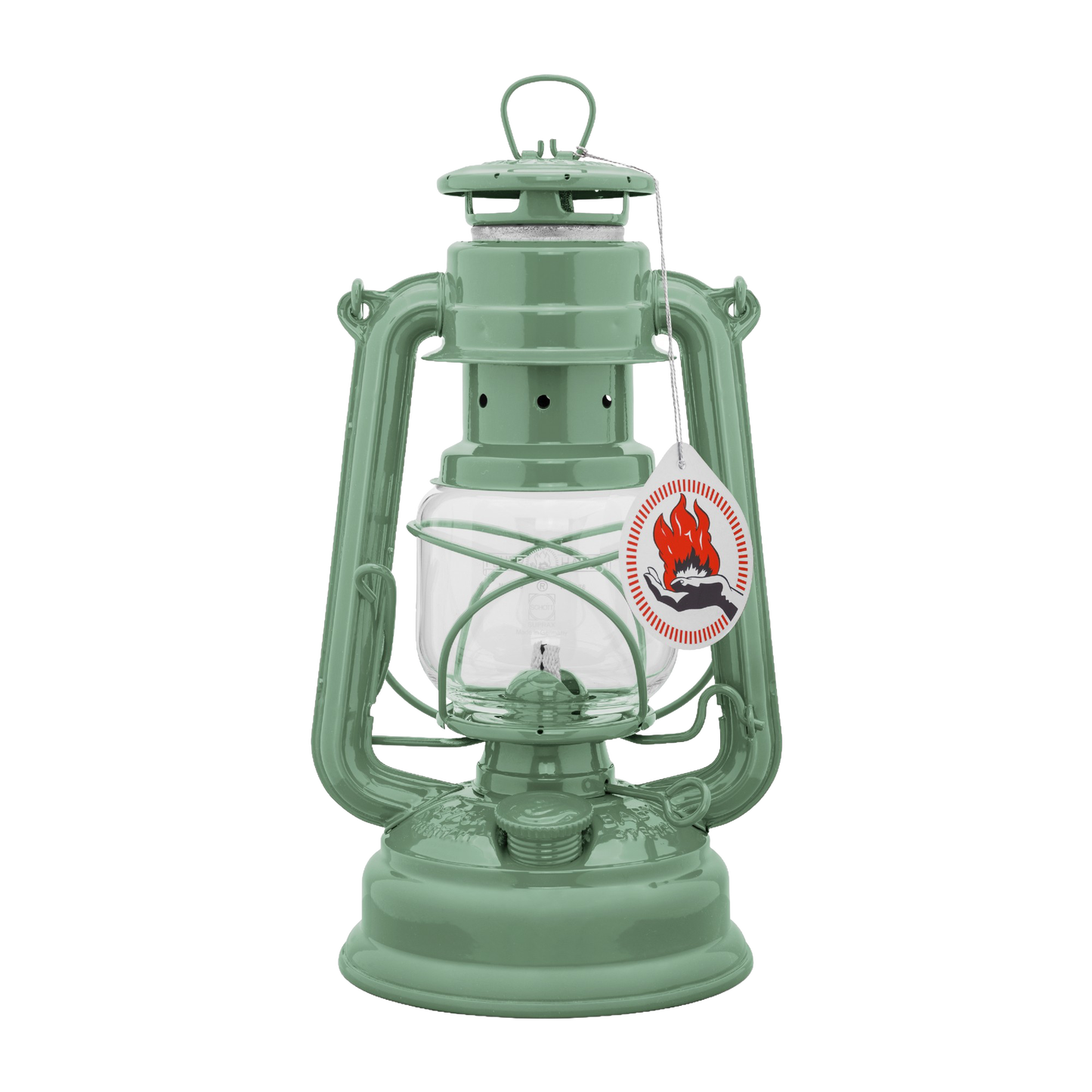 Unique handcrafted green galvanized oil lantern with thermal heat-resistant SUPRAX globe and vintage flame emblem, ideal for Camping, Lamps & Lighting, Emergency Supplies collections.