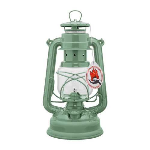 Unique handcrafted green galvanized oil lantern with thermal heat-resistant SUPRAX globe and vintage flame emblem, ideal for Camping, Lamps & Lighting, Emergency Supplies collections.