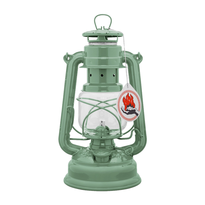 Unique handcrafted green galvanized oil lantern with thermal heat-resistant SUPRAX globe and vintage flame emblem, ideal for Camping, Lamps & Lighting, Emergency Supplies collections.