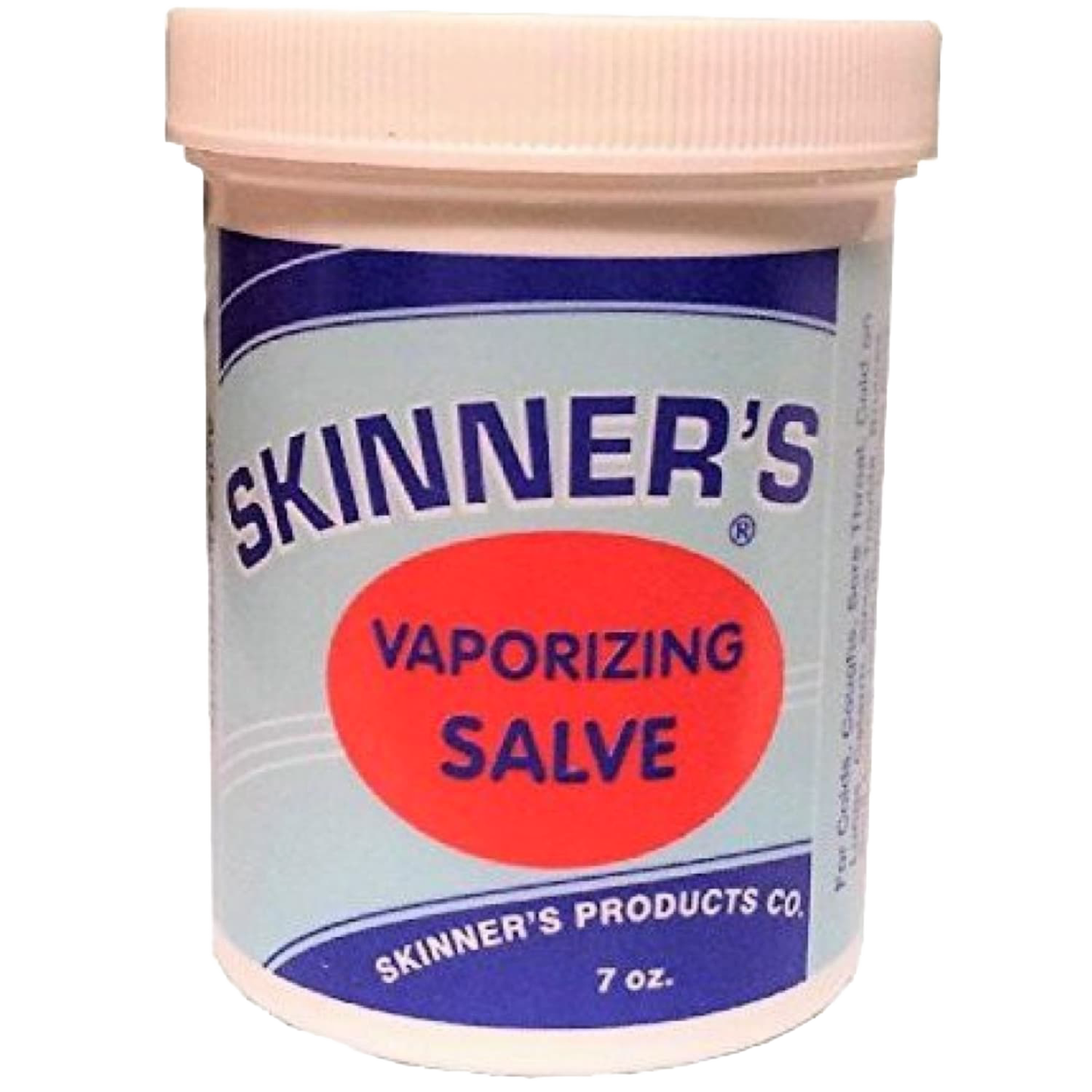 White plastic jar of Skinner’s vaporizing salve with bold blue and red lettering, made in USA, featured in Health & Wellness, Health Remedies, and Best Sellers collections.