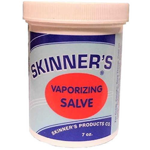 White plastic jar of Skinner’s vaporizing salve with bold blue and red lettering, made in USA, featured in Health & Wellness, Health Remedies, and Best Sellers collections.