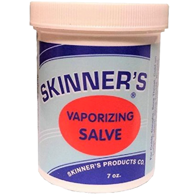 White plastic jar of Skinner’s vaporizing salve with bold blue and red lettering, made in USA, featured in Health & Wellness, Health Remedies, and Best Sellers collections.