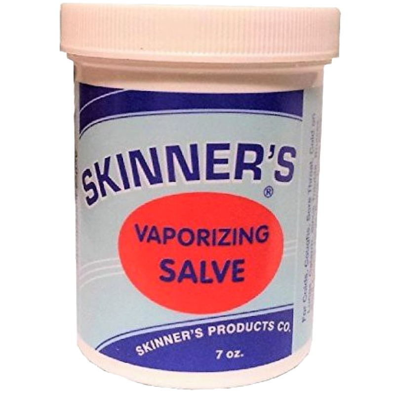 White plastic jar of Skinner’s vaporizing salve with bold blue and red lettering, made in USA, featured in Health & Wellness, Health Remedies, and Best Sellers collections.