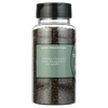 Clear plastic spice jar filled with whole black peppercorns, featuring a black lid and a green label with cooking suggestions, ideal for kitchen, pantry, and grilling collections.
