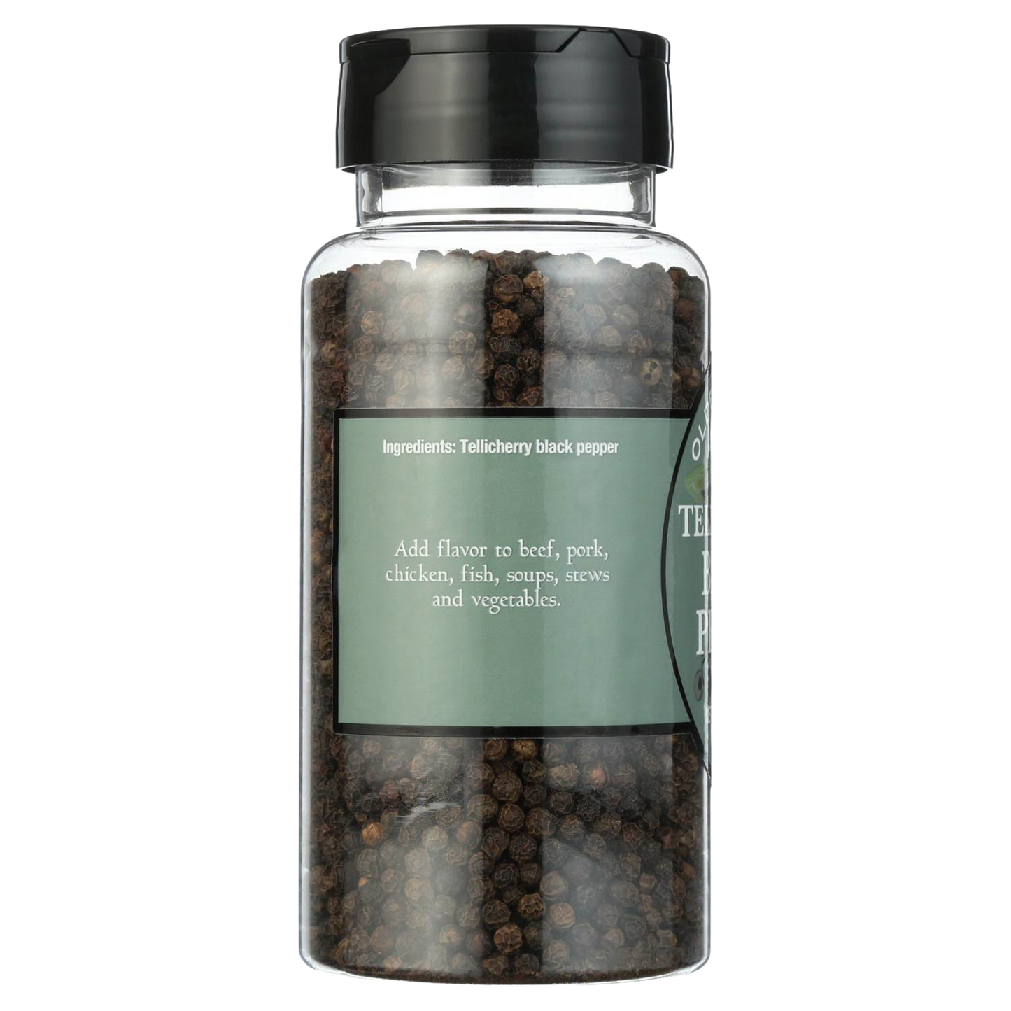 Clear plastic spice jar filled with whole black peppercorns, featuring a black lid and a green label with cooking suggestions, ideal for kitchen, pantry, and grilling collections.
