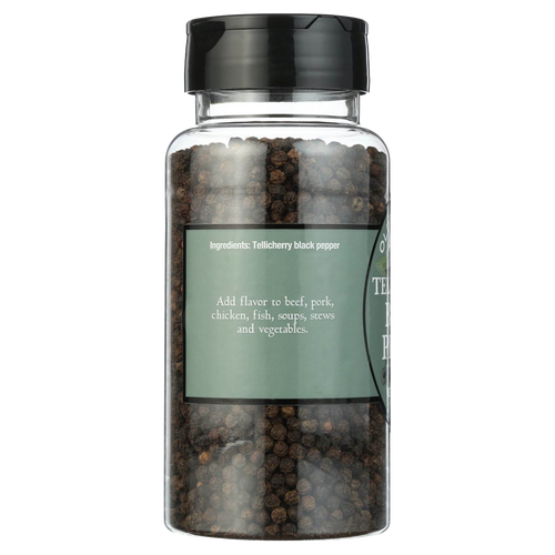 Clear plastic spice jar filled with whole black peppercorns, featuring a black lid and a green label with cooking suggestions, ideal for kitchen, pantry, and grilling collections.