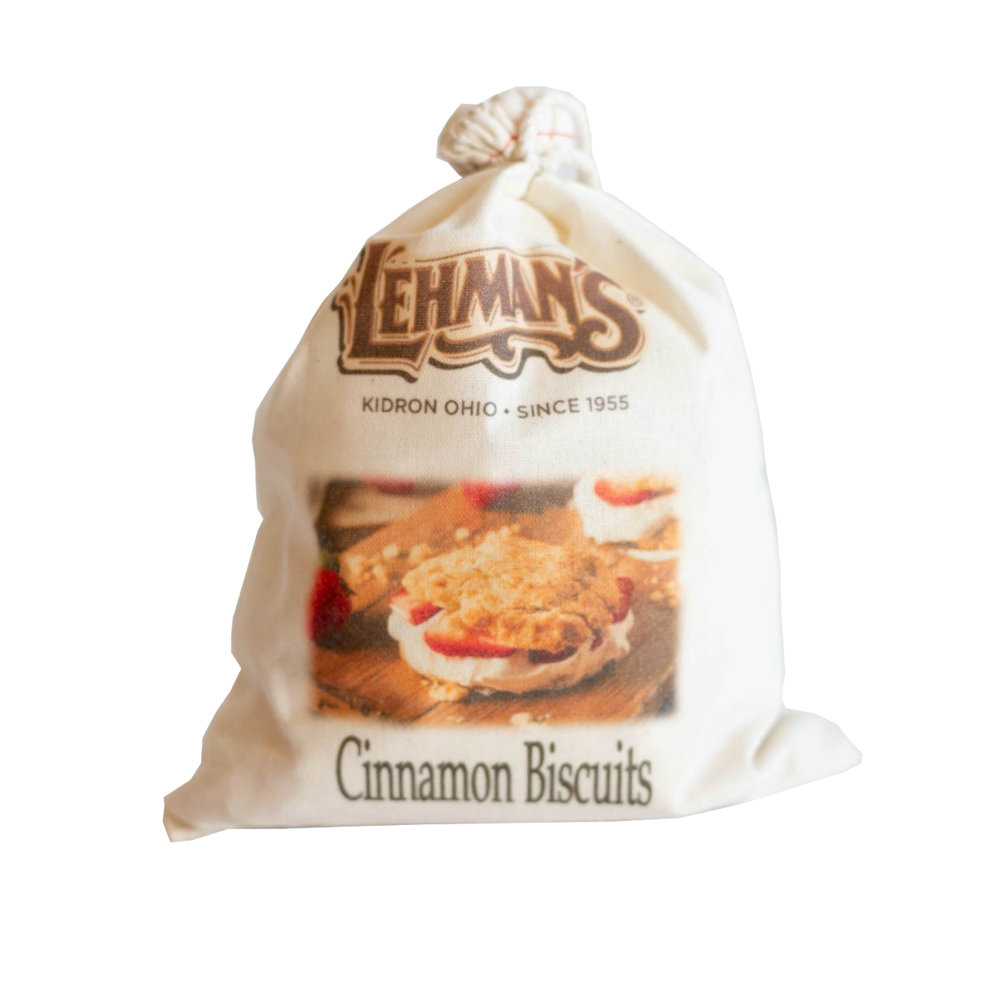Natural cotton bag of handcrafted Lehman’s cinnamon biscuit mix, featuring a vintage-style printed label, perfect for Kitchen & Food, Pantry, Dry Goods, and Best Sellers collections.