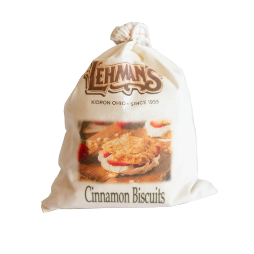 Natural cotton bag of handcrafted Lehman’s cinnamon biscuit mix, featuring a vintage-style printed label, perfect for Kitchen & Food, Pantry, Dry Goods, and Best Sellers collections.