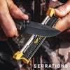 Hands holding a black folding knife being sharpened on a compact, black and yellow pocket knife sharpener, suitable for Farm, Garden & Tool and Knives & Axes collections.