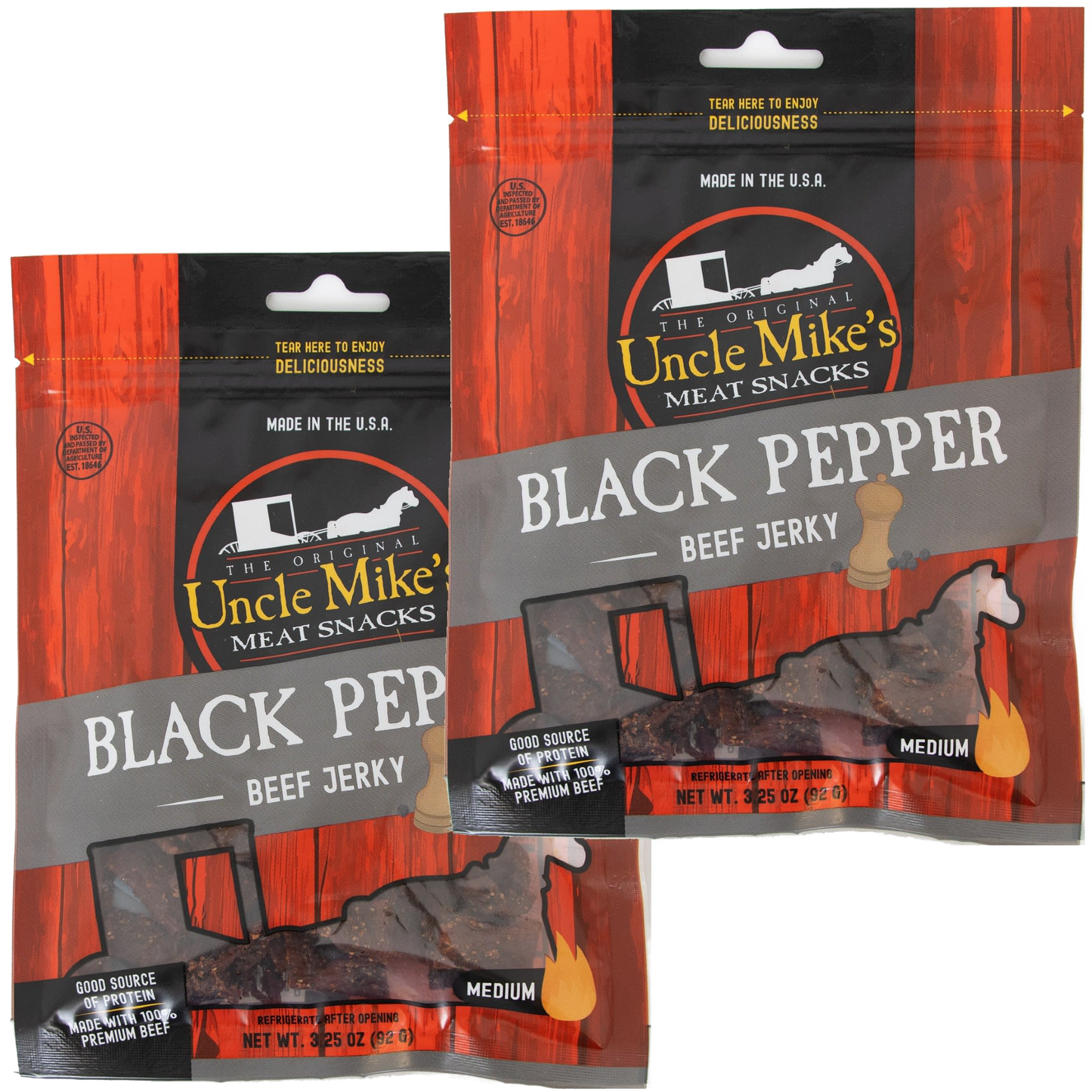Two resealable bags of handcrafted black pepper flavored beef jerky made in USA, showcasing a medium-spiced, protein-rich snack for Kitchen & Food, Meats, USA Made, Best Sellers, and Promo Eligible collections.