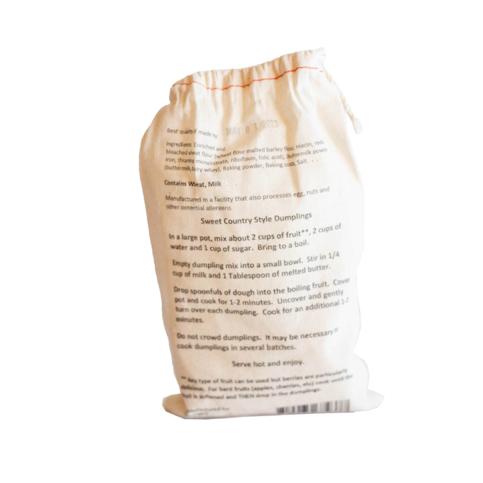 Fabric bag packaging of Lehman's Sweet Country Style Dumplings Mix featuring preparation instructions, part of Kitchen & Food, Pantry, Dry Goods and Mixes, and Best Sellers collections.