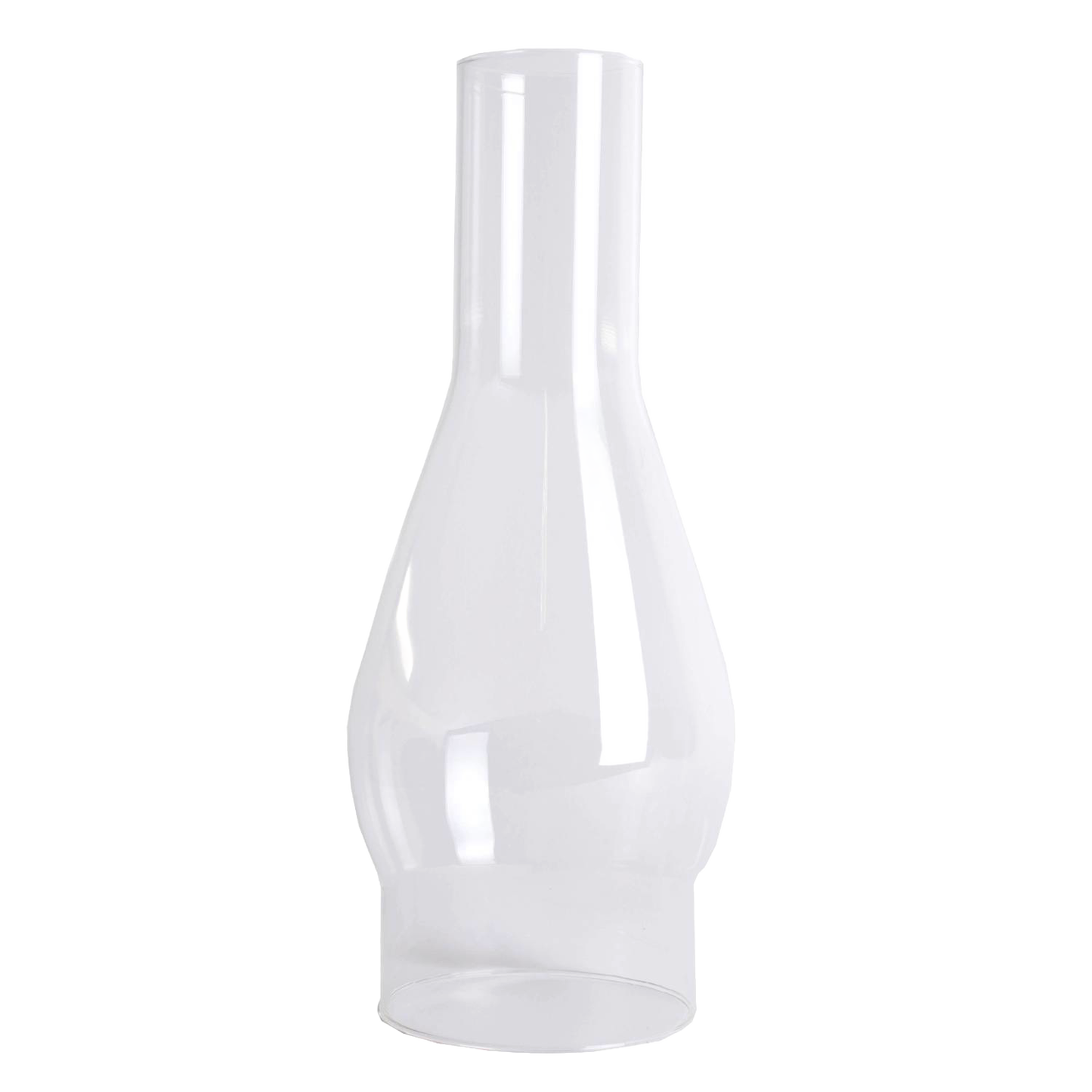 Clear glass oil lamp chimney with a 4-inch base and tapered bulge, designed for use with lamps and lighting, parts and accessories, chimneys and globes, best sellers, and promo eligible collections.