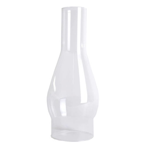 Clear glass oil lamp chimney with a 4-inch base and tapered bulge, designed for use with lamps and lighting, parts and accessories, chimneys and globes, best sellers, and promo eligible collections.