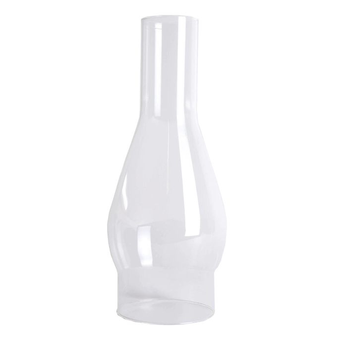 Clear glass oil lamp chimney with a 4-inch base and tapered bulge, designed for use with lamps and lighting, parts and accessories, chimneys and globes, best sellers, and promo eligible collections.