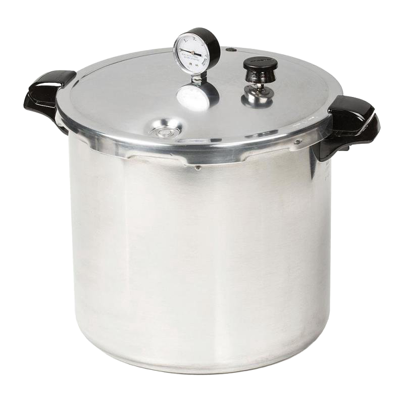 Large polished aluminum pressure canner with secure locking lid, pressure gauge, and sturdy black handles, ideal for kitchen food preservation, canning, and best sellers collections.