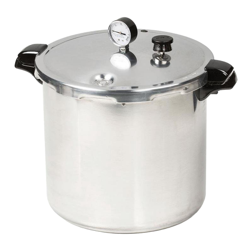 Large polished aluminum pressure canner with secure locking lid, pressure gauge, and sturdy black handles, ideal for kitchen food preservation, canning, and best sellers collections.