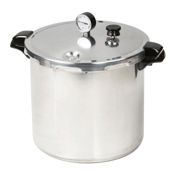 Large polished aluminum pressure canner with secure locking lid, pressure gauge, and sturdy black handles, ideal for kitchen food preservation, canning, and best sellers collections.
