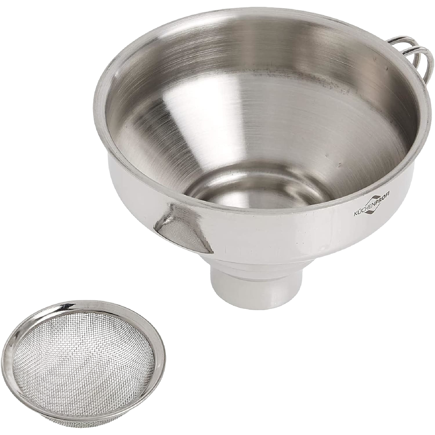 Wide-mouth stainless steel funnel with a detachable fine mesh strainer, ideal for kitchen tasks including food preservation, canning, and cooking helpers.