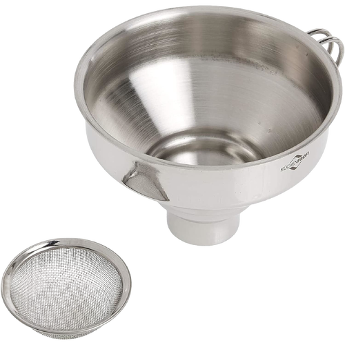 Wide-mouth stainless steel funnel with a detachable fine mesh strainer, ideal for kitchen tasks including food preservation, canning, and cooking helpers.