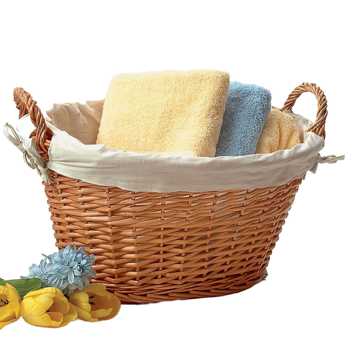 Handcrafted split willow laundry basket with fabric liner and sturdy handles, perfect for small laundry loads, bath towels, or toy storage, featured in Home & Decor and Laundry Supplies collections.