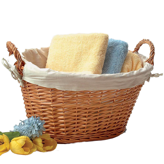 Handcrafted split willow laundry basket with fabric liner and sturdy handles, perfect for small laundry loads, bath towels, or toy storage, featured in Home & Decor and Laundry Supplies collections.