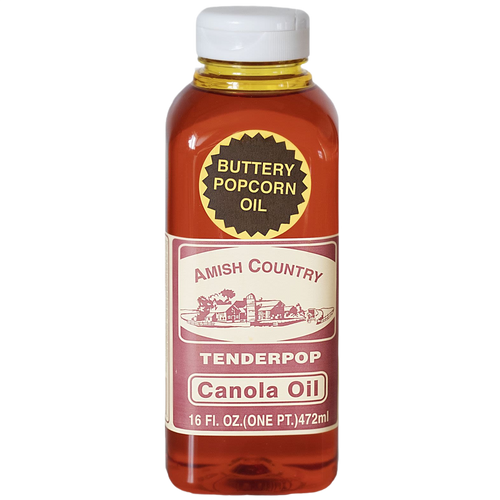 Plastic bottle of butter-flavored canola oil made in USA featuring Amish Country branding, ideal for Kitchen & Food, Snacks and Sweets, and Best Sellers collections.