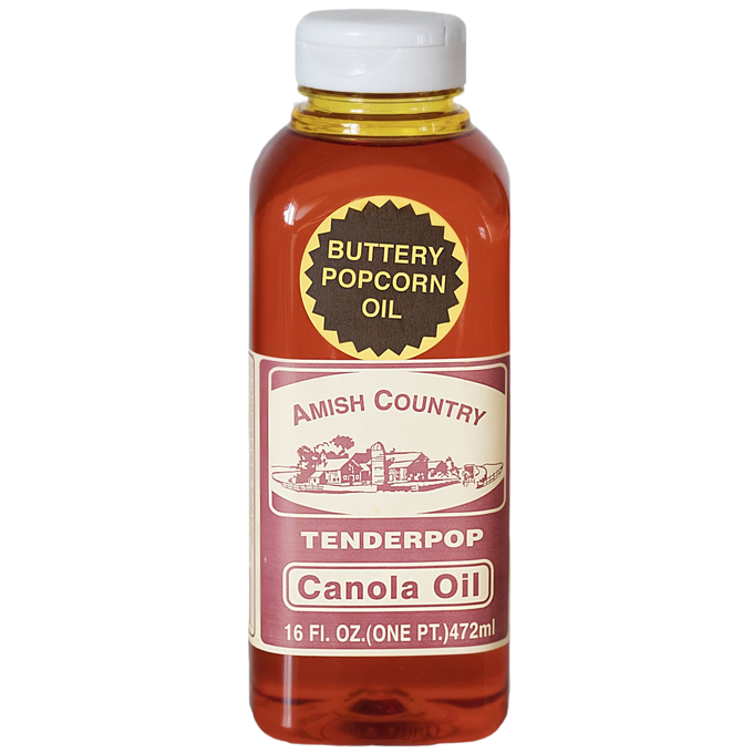 Plastic bottle of butter-flavored canola oil made in USA featuring Amish Country branding, ideal for Kitchen & Food, Snacks and Sweets, and Best Sellers collections.