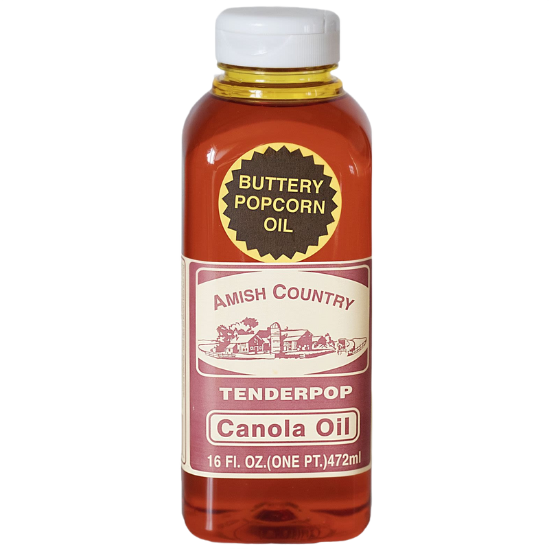 Plastic bottle of butter-flavored canola oil made in USA featuring Amish Country branding, ideal for Kitchen & Food, Snacks and Sweets, and Best Sellers collections.