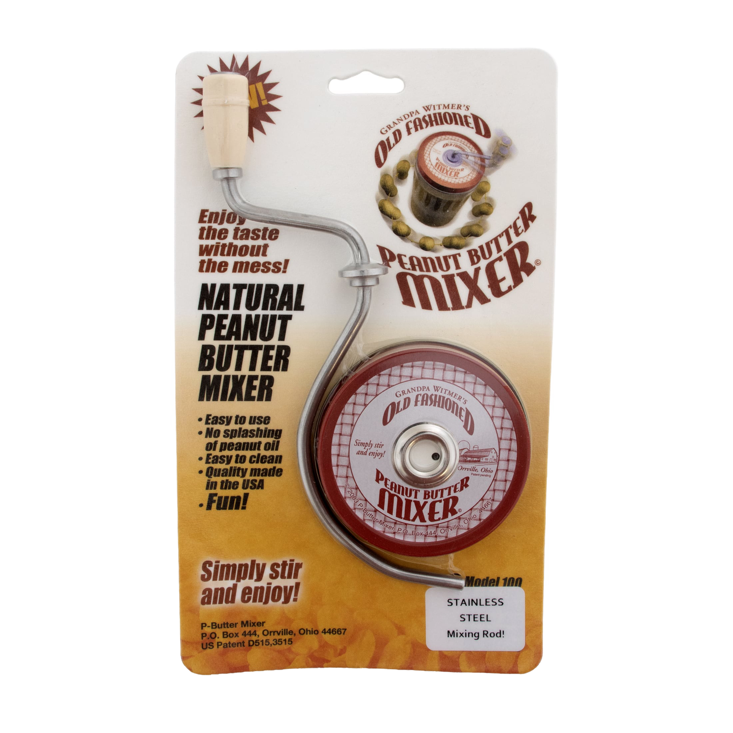 Old Fashioned Peanut Butter Stirrer with molded wood knob and stainless steel crank designed to mix natural peanut butter, handcrafted in USA, for Kitchen Gadgets, Food Prep, and Best Sellers collections.