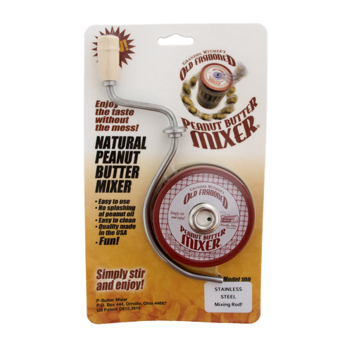 Old Fashioned Peanut Butter Stirrer with molded wood knob and stainless steel crank designed to mix natural peanut butter, handcrafted in USA, for Kitchen Gadgets, Food Prep, and Best Sellers collections.