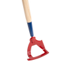 Handcrafted garden hoe with a red hardened spring steel blade and smooth wooden handle, designed for versatile digging and cultivating in farm and garden tasks, USA made.