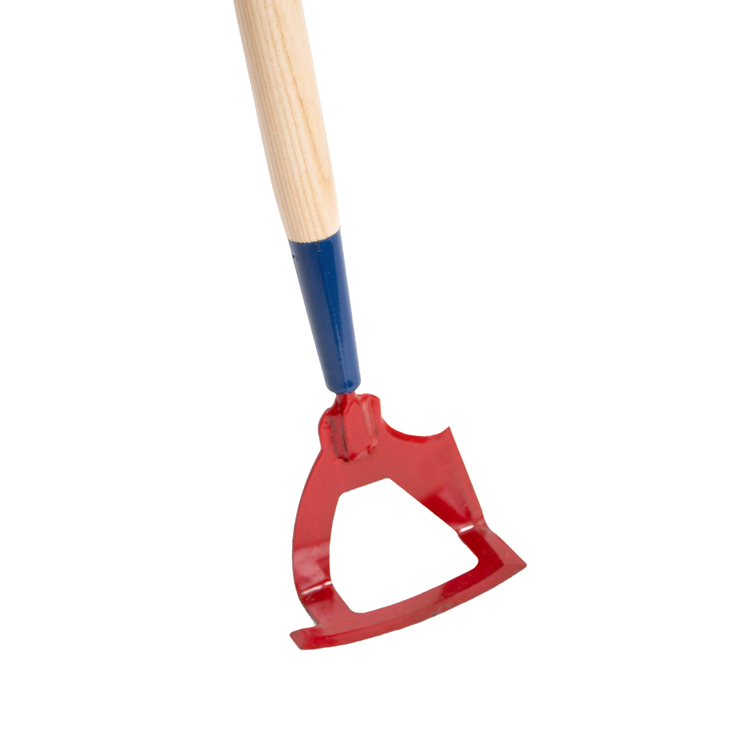 Handcrafted garden hoe with a red hardened spring steel blade and smooth wooden handle, designed for versatile digging and cultivating in farm and garden tasks, USA made.
