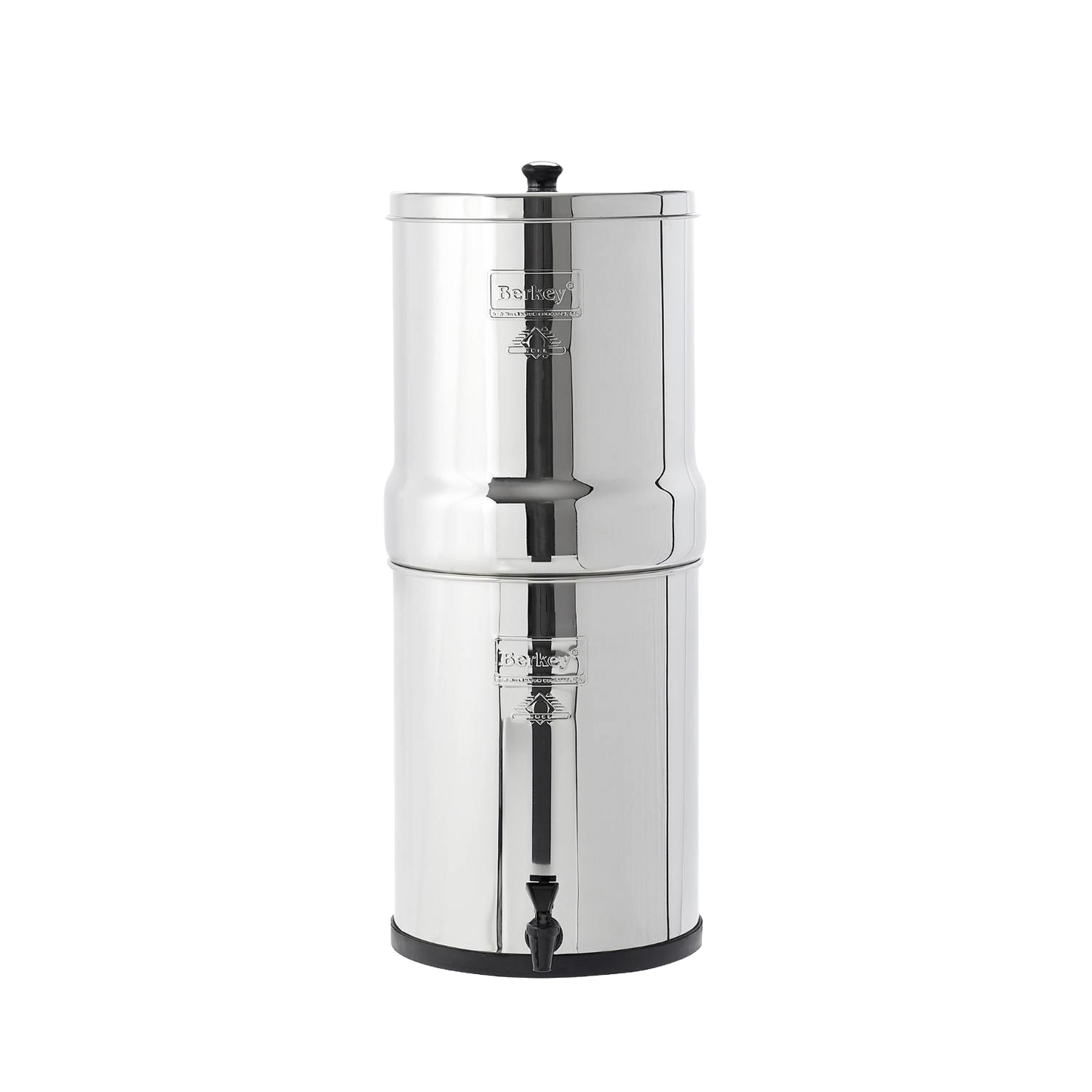 Highly polished stainless steel water filtration system with dual chambers and spigot, ideal for emergency supplies, water treatment, and best-selling household appliances.