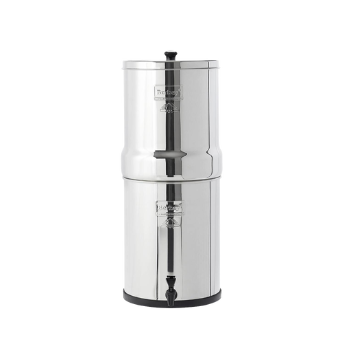 Highly polished stainless steel water filtration system with dual chambers and spigot, ideal for emergency supplies, water treatment, and best-selling household appliances.